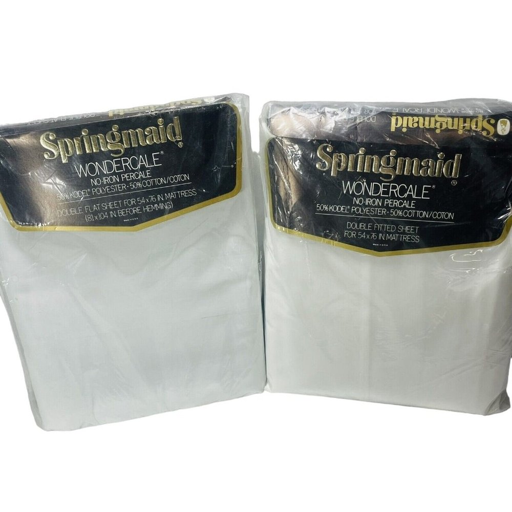 Vintage Springmaid Wondercale Double Flat & Fitted White 50/50 Kodel Cotten USA